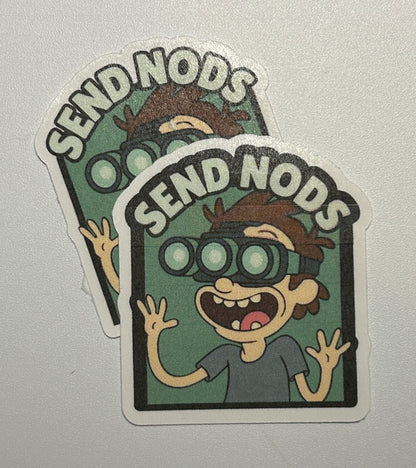 2 Stickers featuring a cartoon character wearing goggles with raised hands and bold text above the illustration.